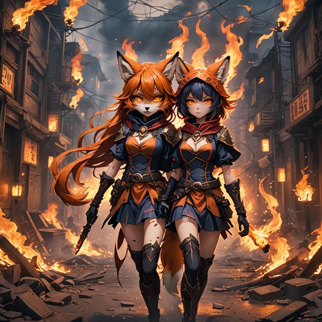 Pyro Anime Fox Girl Twins: Fantasy Concept Art
