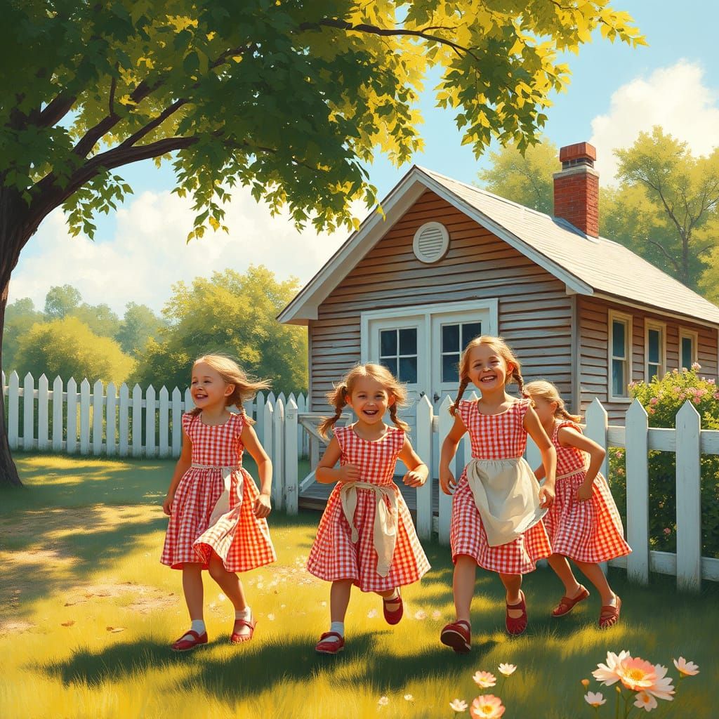 Rustic Schoolyard Scene with Sisters at Play