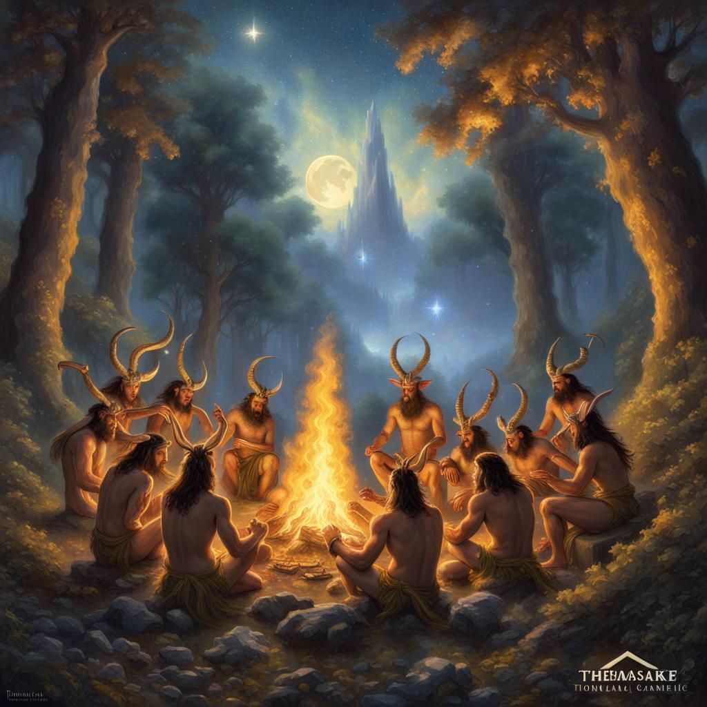 Satyr Shamans Reveling by Campfire in Dark Forest