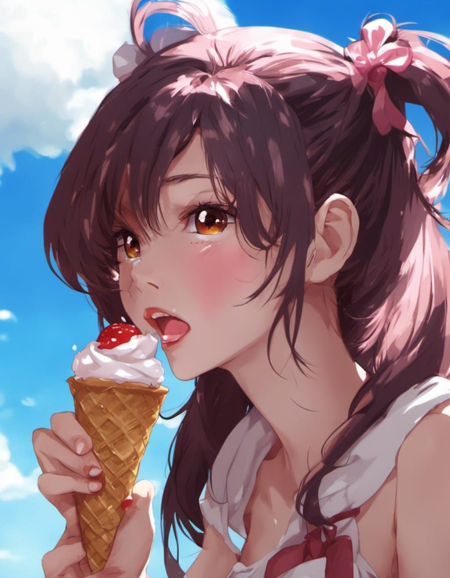 Anime Woman Licking Ice Cream in Manga Style