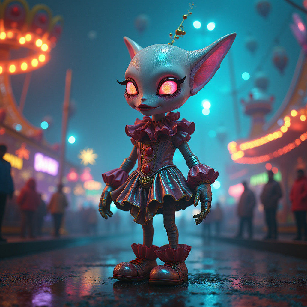 Iridescent Alien-Clown in Dark Futuristic Carnival