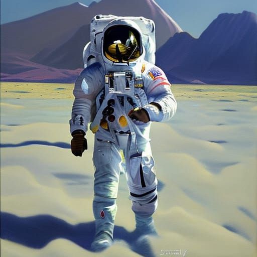 Astronaut Walks on Alien World: Gurney-Style Oil Painting