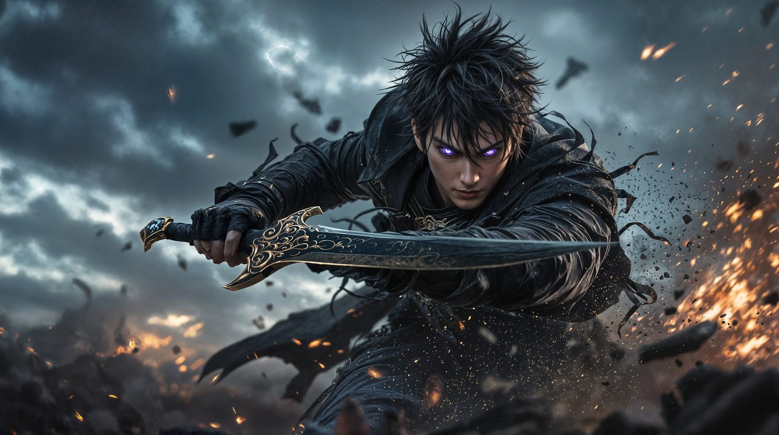 Dark Fantasy Warrior in Stormy Battlefield