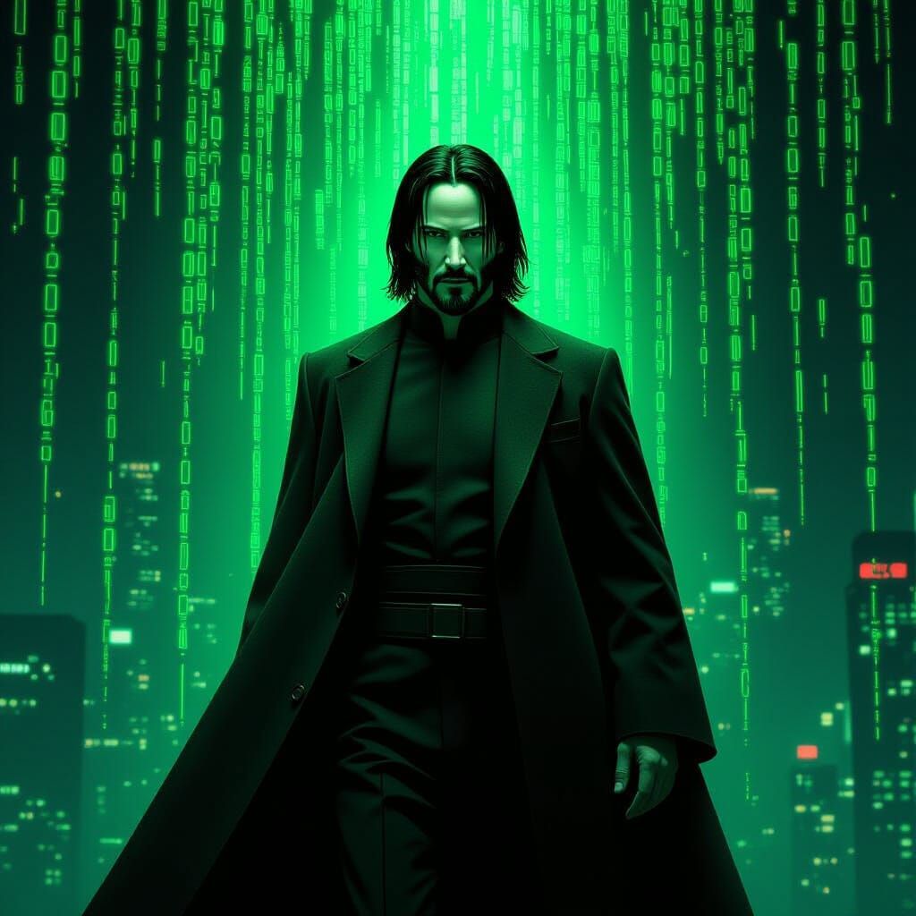 Neo's Digital Code Portrait in Matrix Cityscape