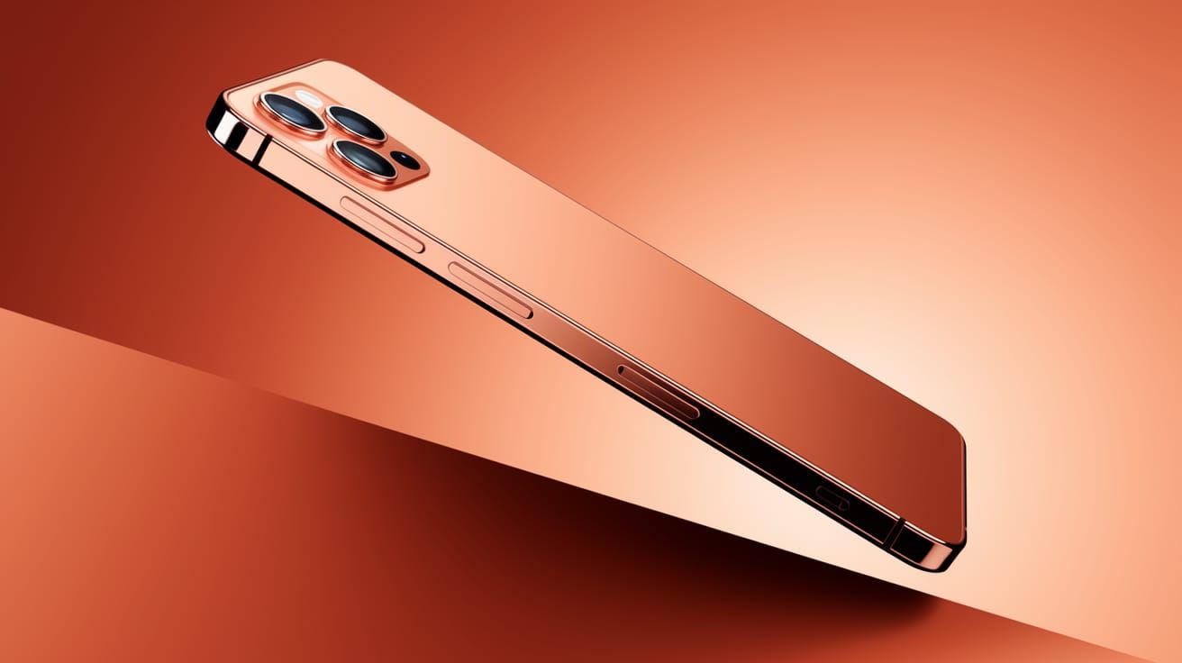Copper Smartphone Suspended in Air: Wide-Angle View