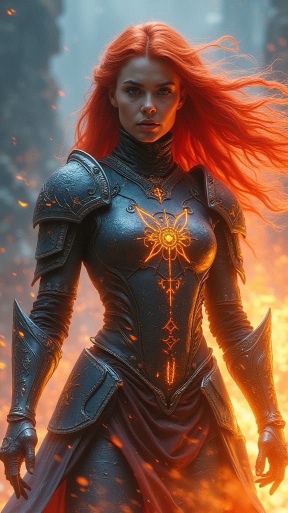 Divine Warrior Queen in Ember Armor, Cosmic Flame & Ice