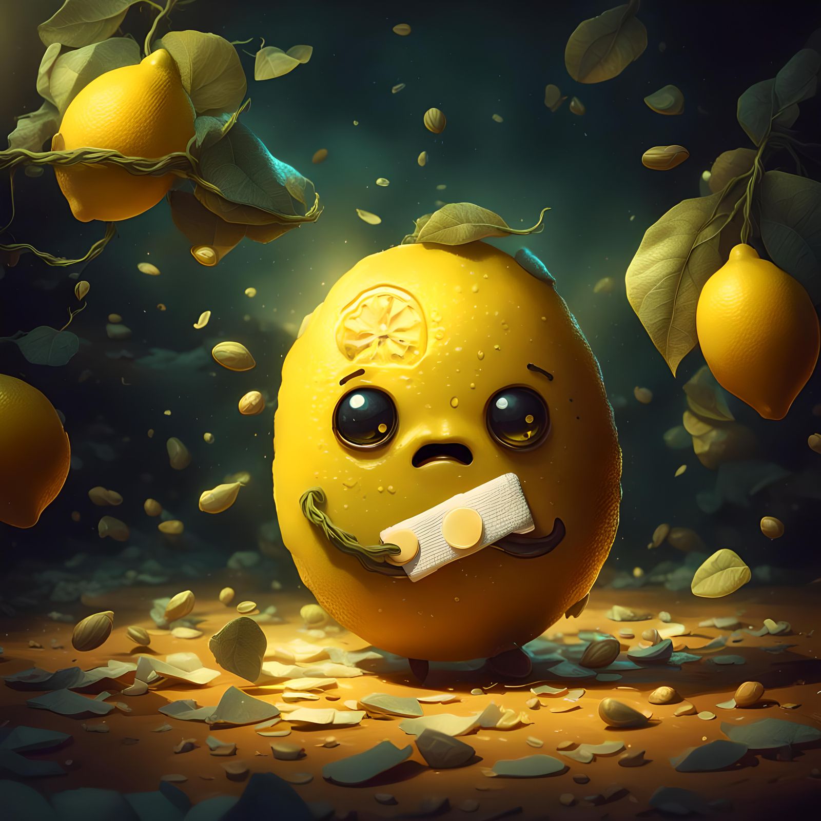 "stunning image of a cute adorable sad lemon with band aid, moody, grainy, noisy, concept art, by Alberto Seveso, Cyril ...