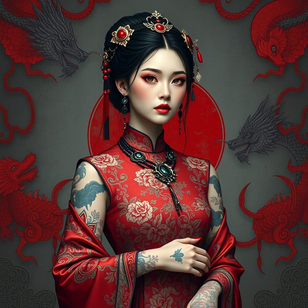 Woman in Chinese Dress with Dragoncore Motifs