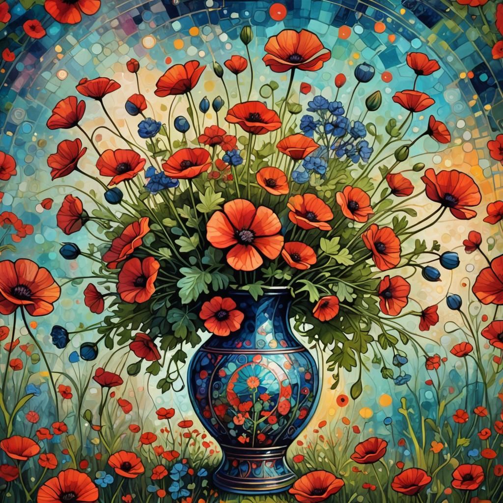 Geraniums and Poppies: Astral Cosmic Mixed Media Illustratio...
