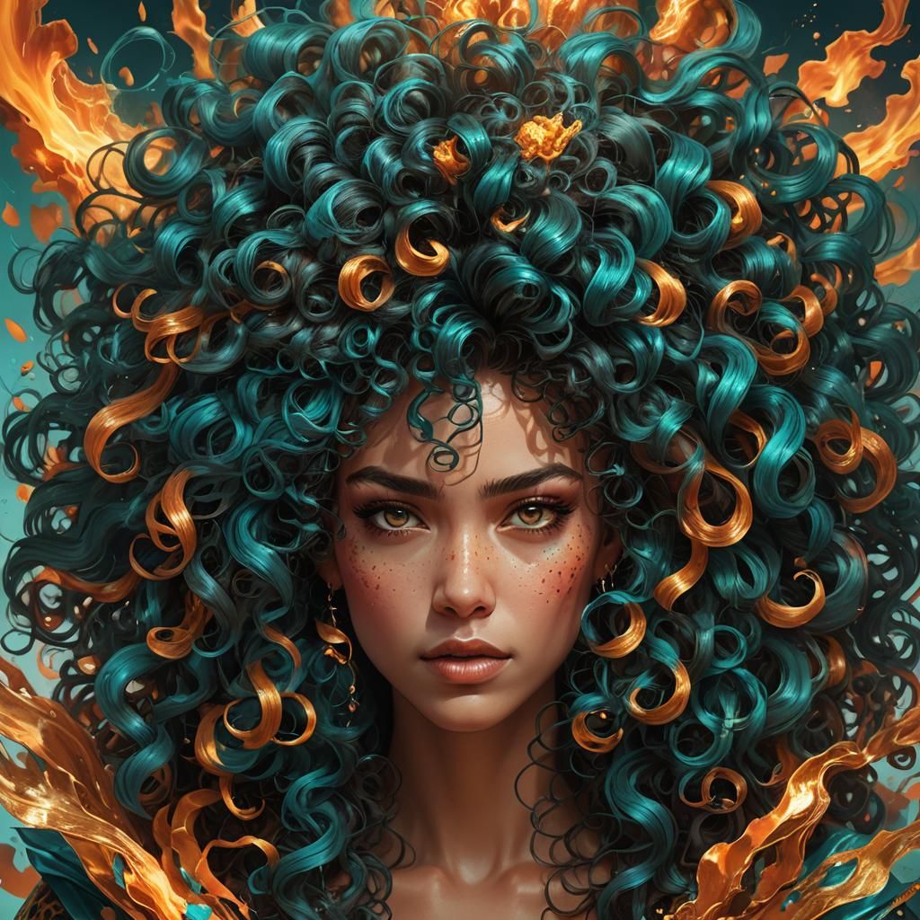 A woman with an explosion of curls. Highly detailed
