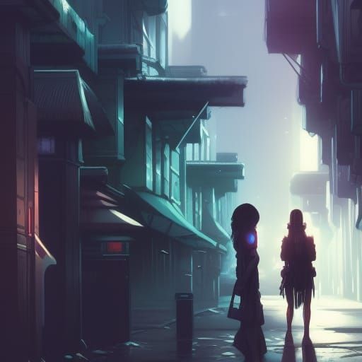 Anime Robot in Grayscale Alleyway with Neon