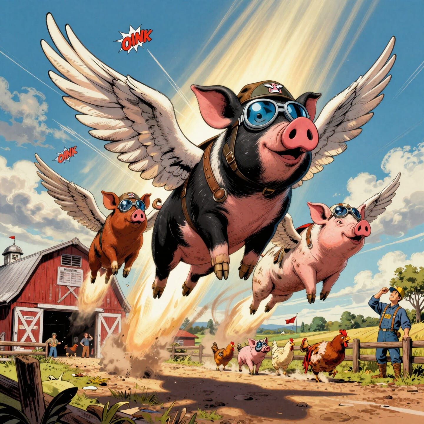 Winged Pigs Take Flight in Comic Style