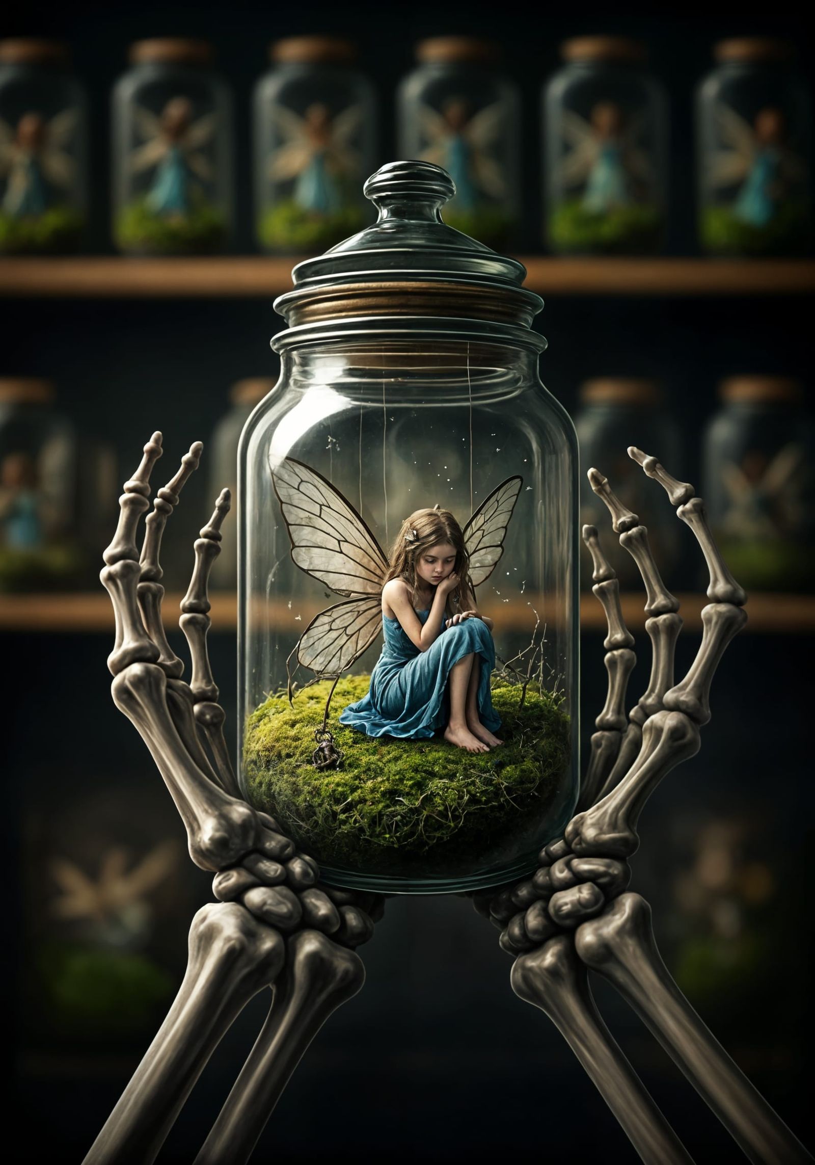 Skeleton Hands Holding Trapped Fairy in Jar