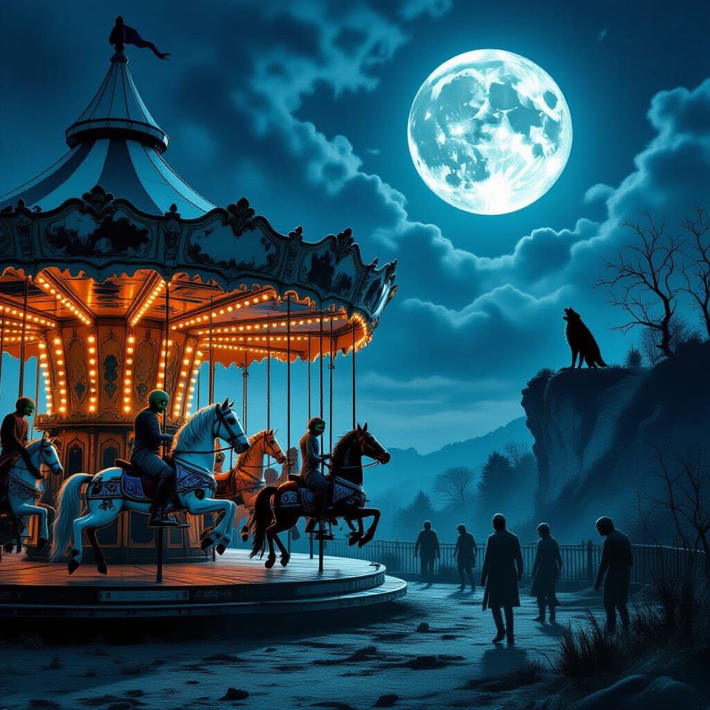 Zombie Carousel Under Full Moon With Howling Werewolf