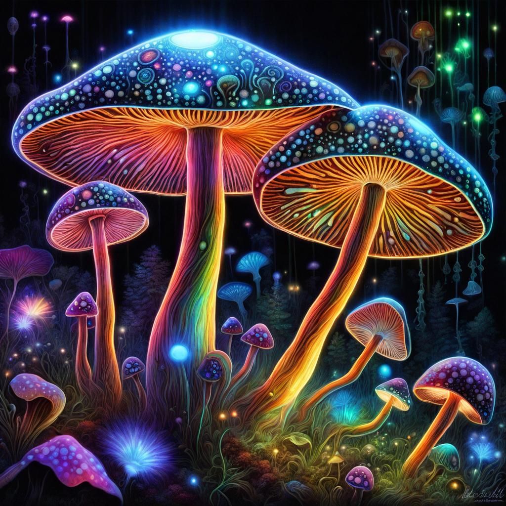 Bioluminescent Magic Mushrooms in a Fantasy Scene