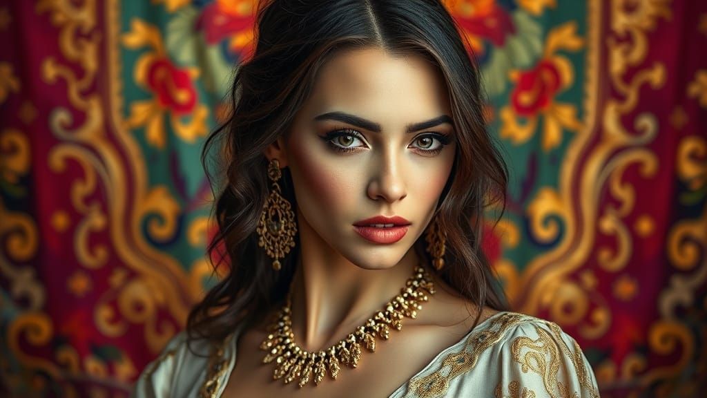 Elegant Woman Posing with Golden Embellishments