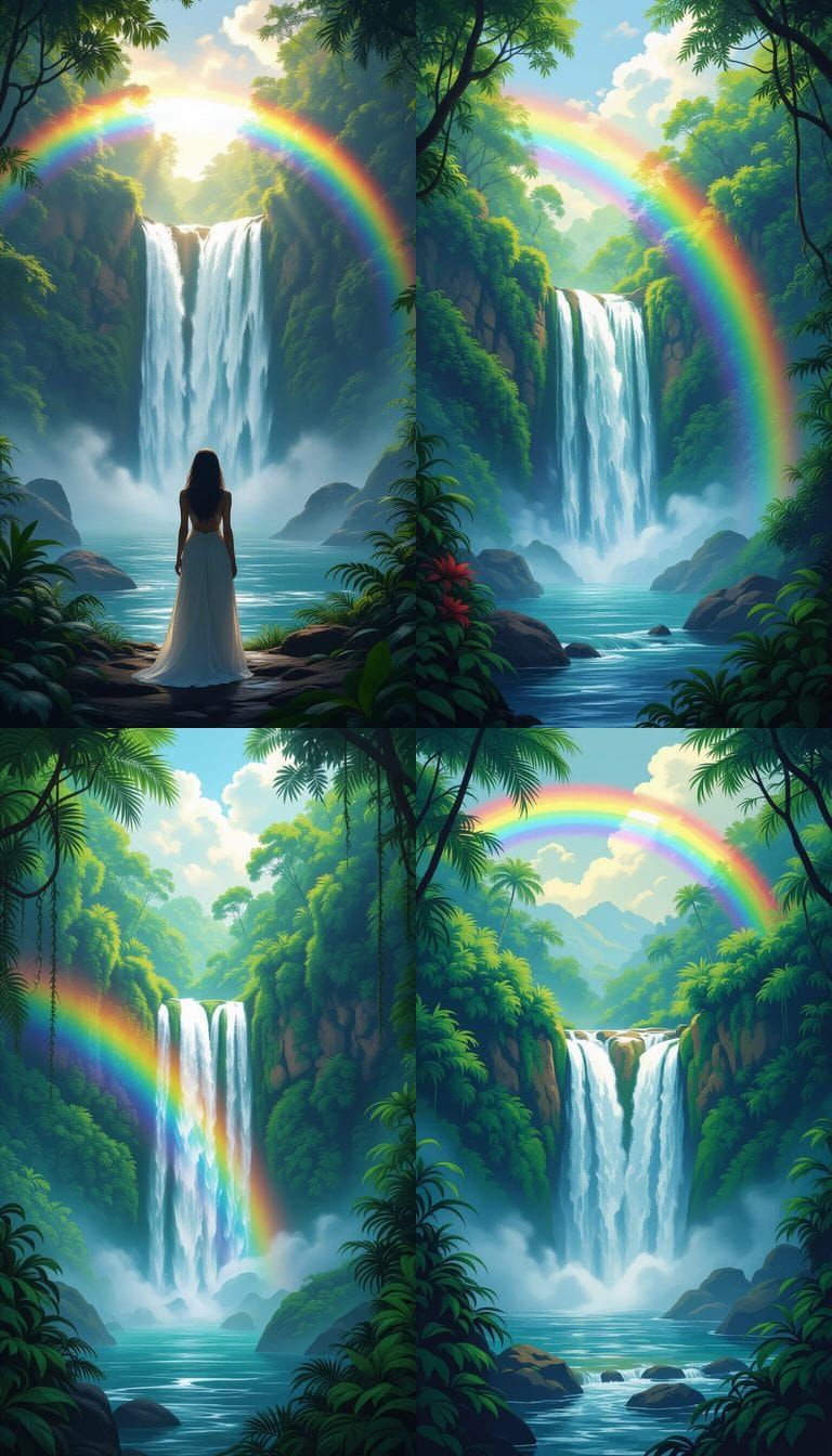 Rainbow Glow Over Waterfall in Rainforest