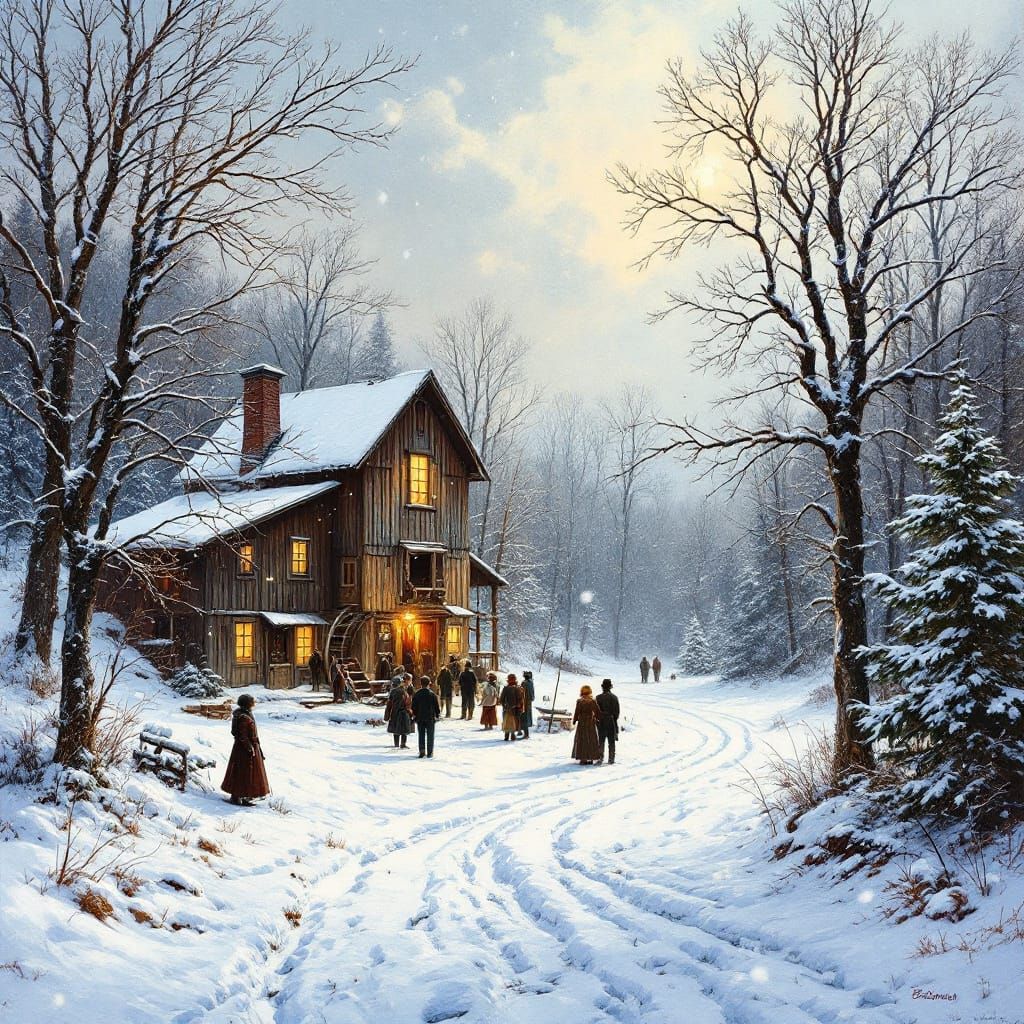 Rustic Syrup Mill in Snowy 1900s Landscape