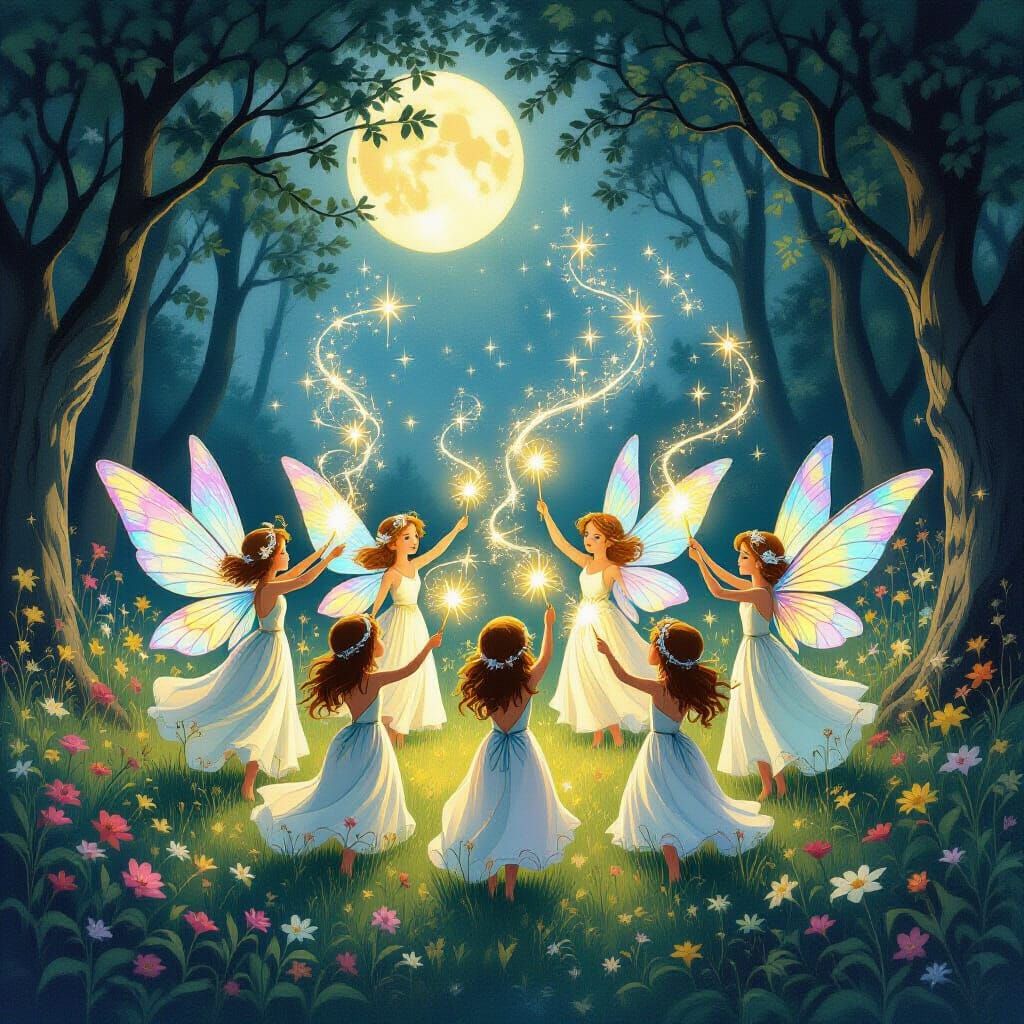 Luminous Fairies Conjuring Love Spells in Moonlit Glade