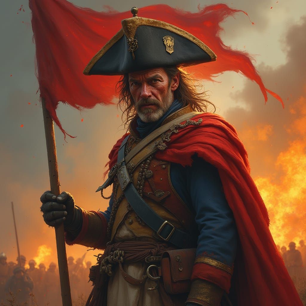 Napoleonic Grenadier in Fiery Battle Scene