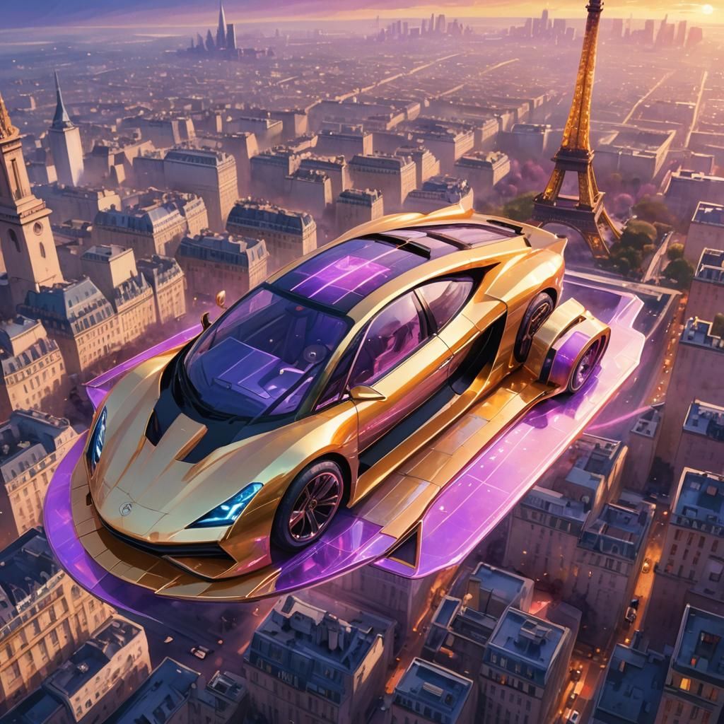 Futuristic Vehicle on Eiffel Tower in 2500 Watercolor