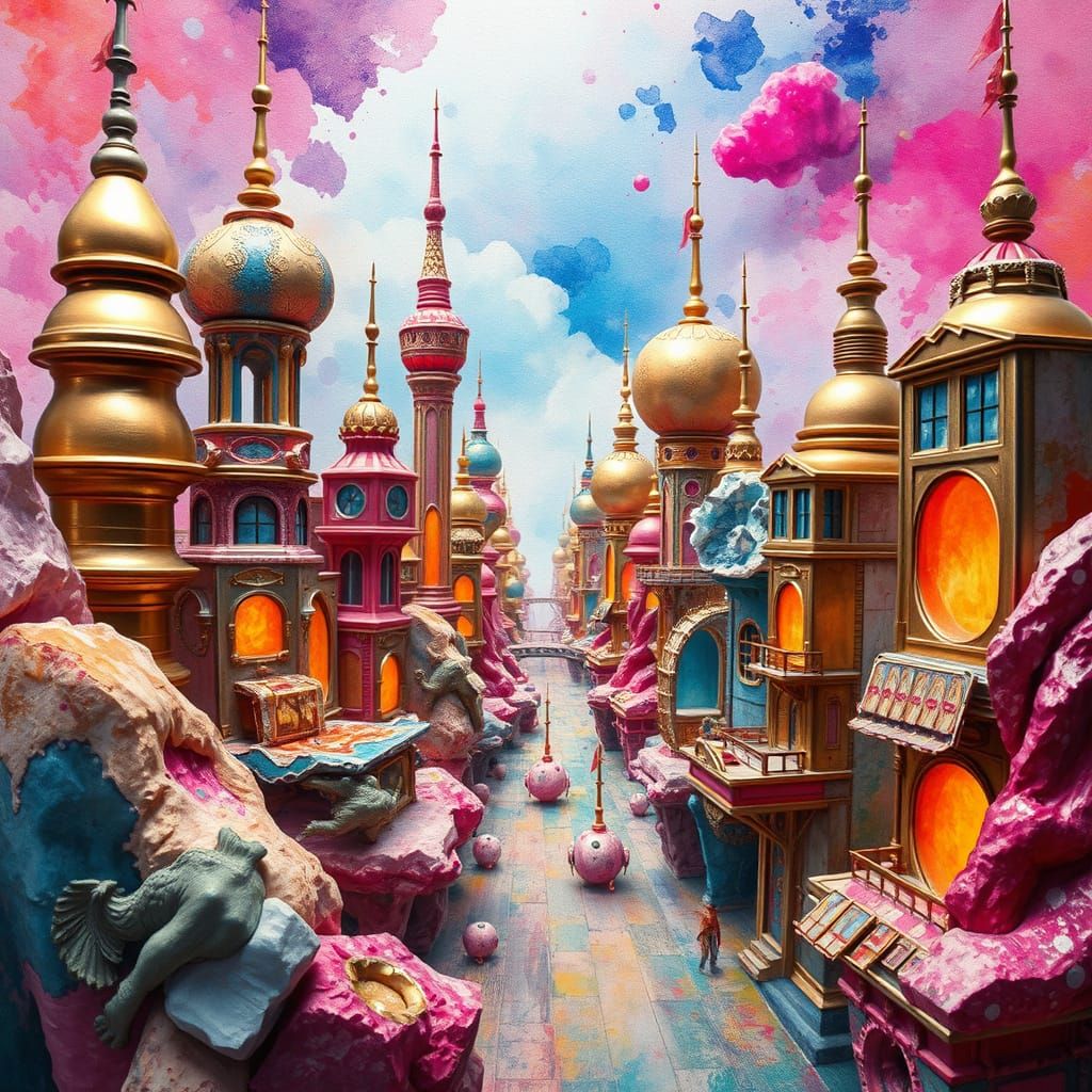 Surreal Marshmallow Geode City in Watercolor Style