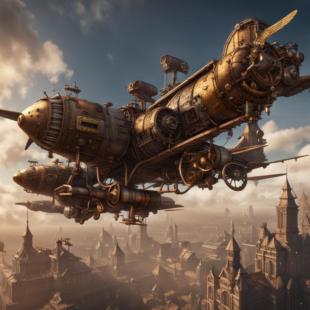 Steampunk Flying Fortress in Detailed Matte Painting Style