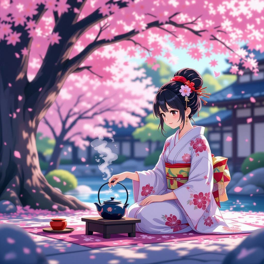 Anime Tea Ceremony Under Cherry Blossom Tree