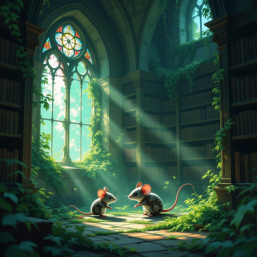 Clockwork Mouse in Overgrown Library Ruins