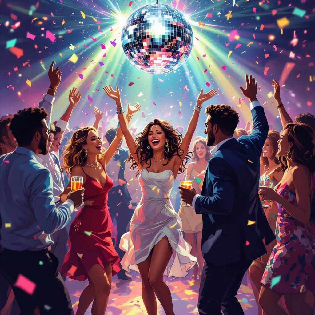 Joyful Dancing Party Scene with Disco Ball