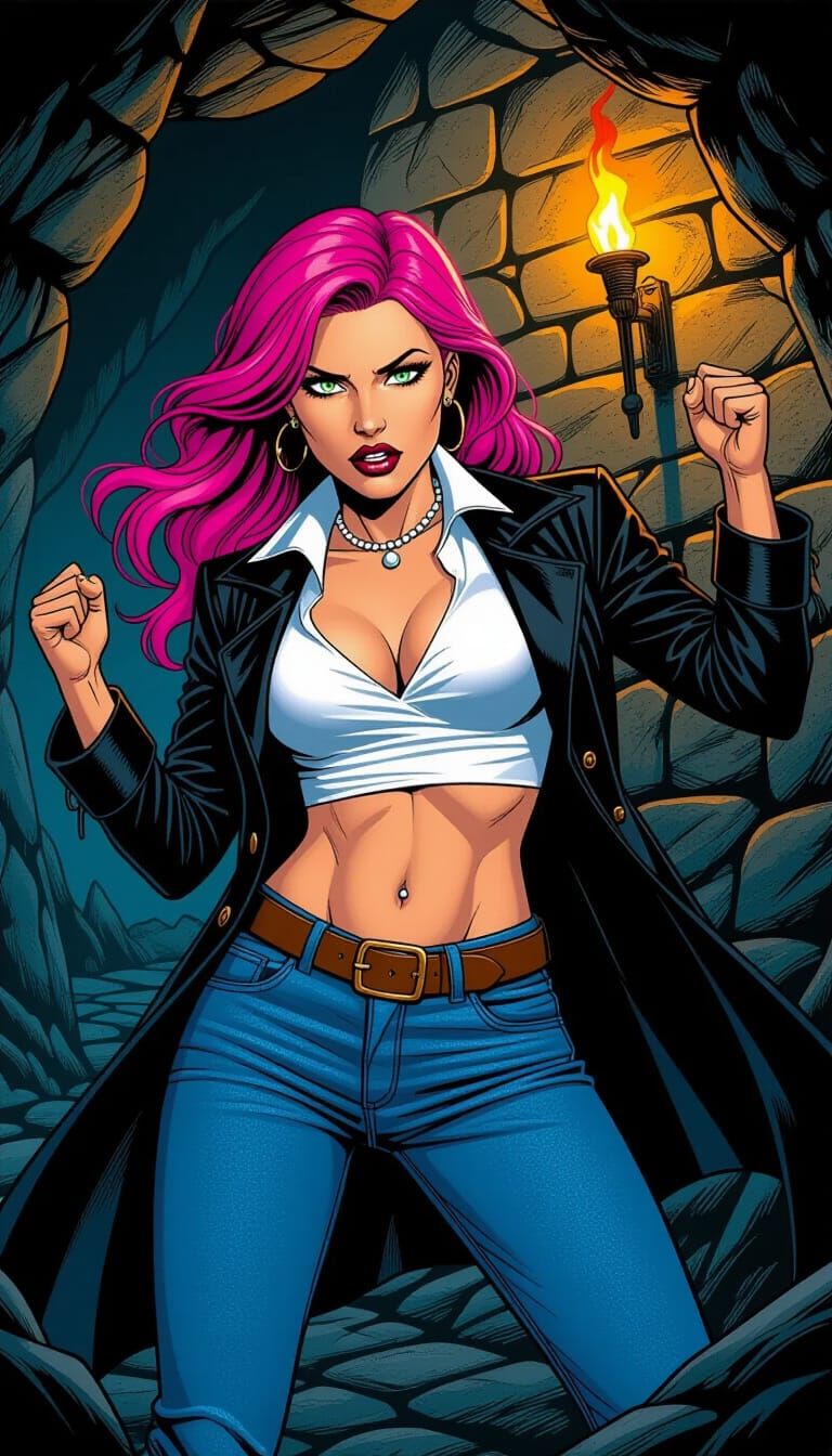 Pink Haired Woman Escapes Dracula in Dark Cave