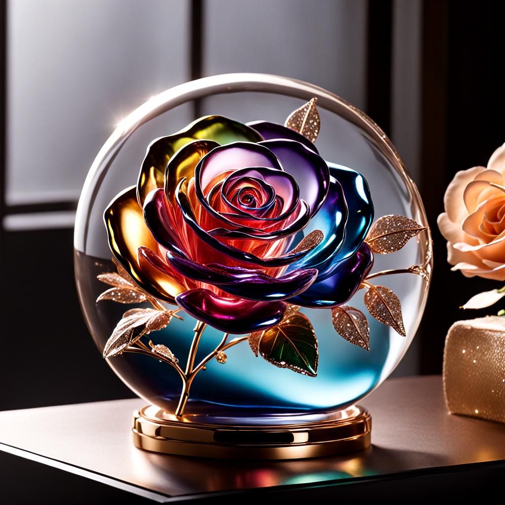 Iridescent Glass Rose with Stars and Fireflies