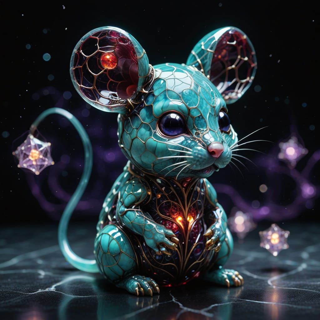 Aqua Chibi Mouse Sculpture with Quantum Network