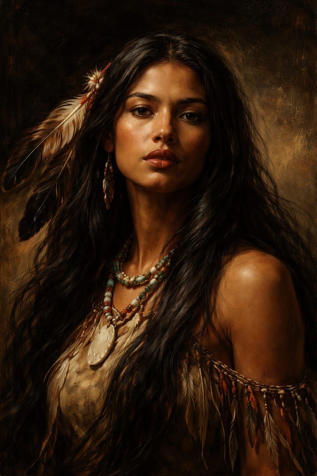 Pocahontas Portrait in Dramatic Chiaroscuro Oil Painting Sty...