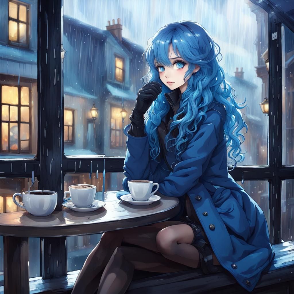Blue-Haired Woman Drinking Coffee in Rainy Cafe
