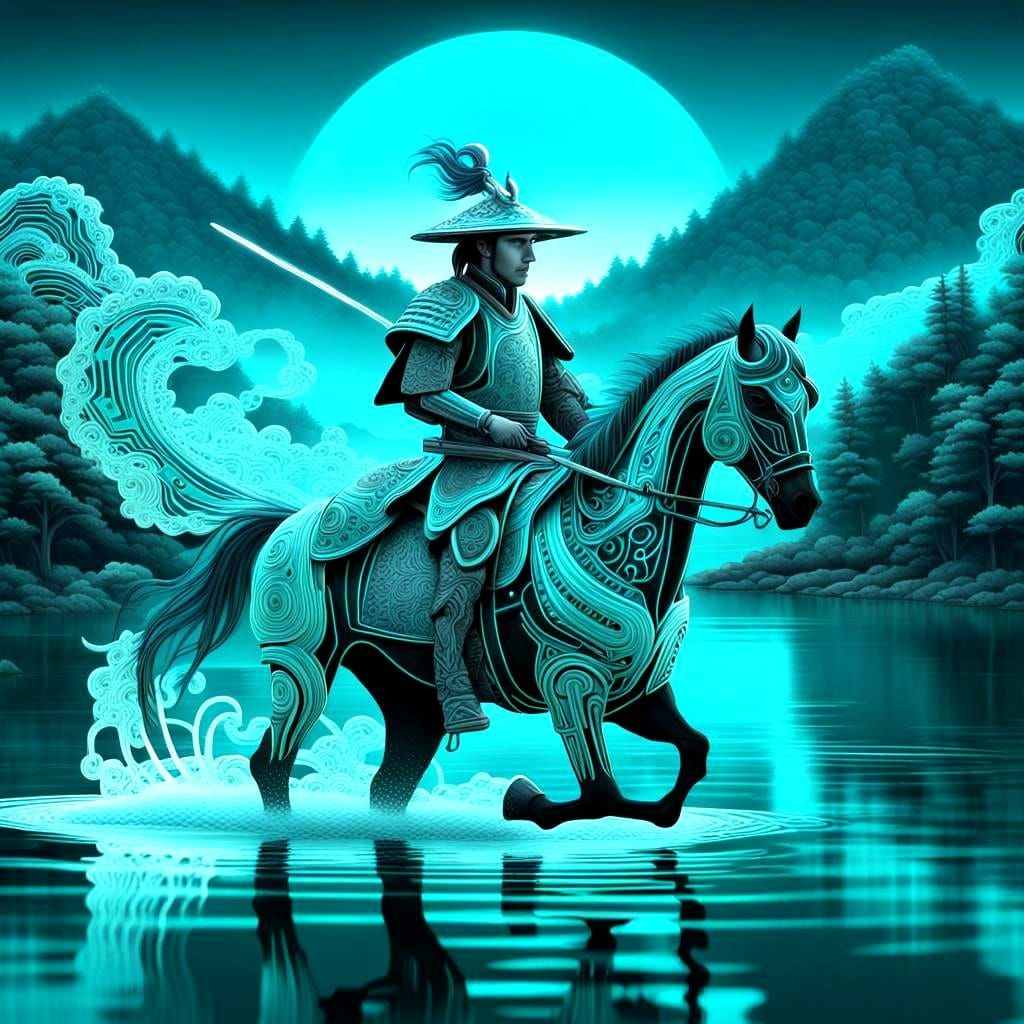 Bioluminescent Samurai Rides Teal Horse on Lake