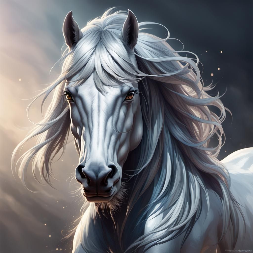 Silver Maned Horse Portrait in Detailed Splash Art