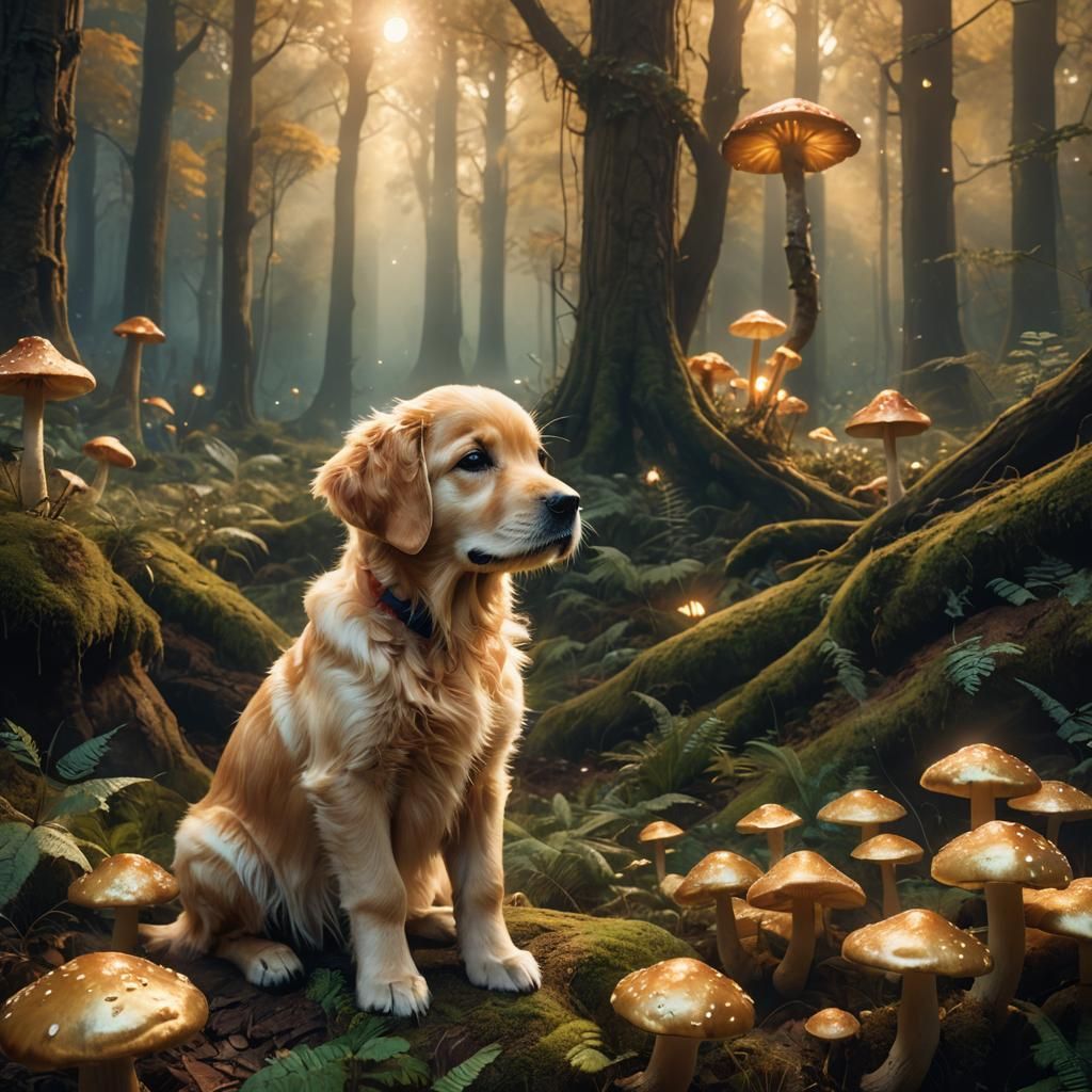 Golden Retriever Puppy in a Magical Forest