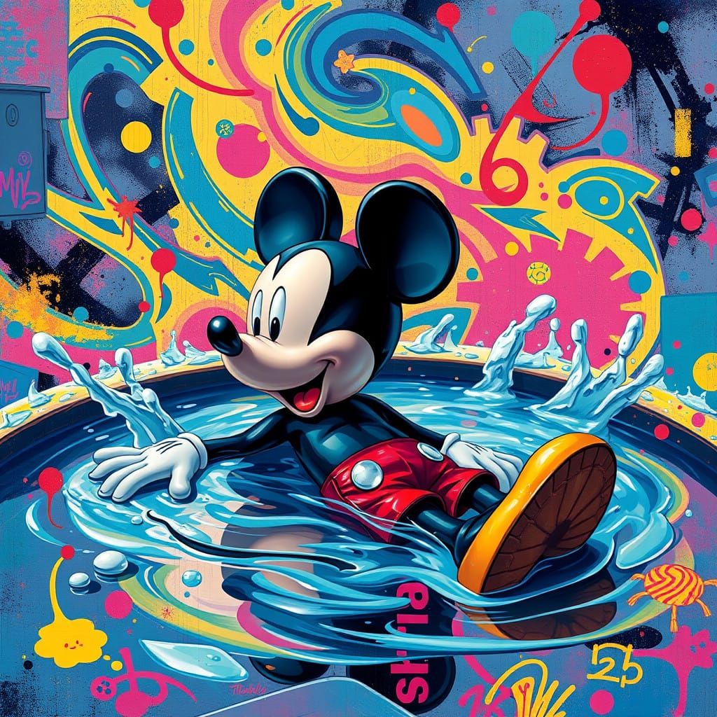 Surreal Street Art Pool Scene in Cosmic Colors