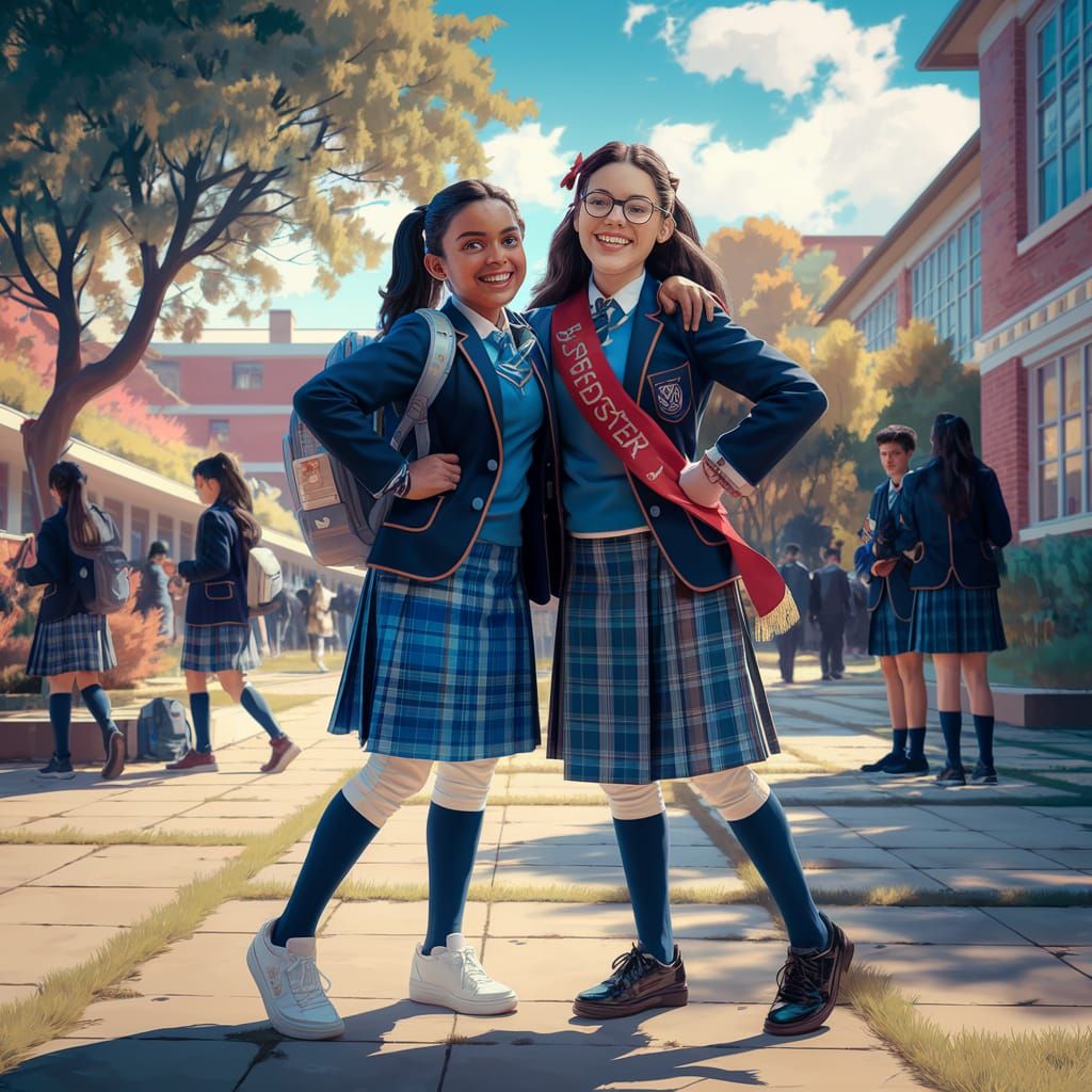 Fantasy Schoolgirls Pose for a Sunny Day Photo in Vibrant Ca...