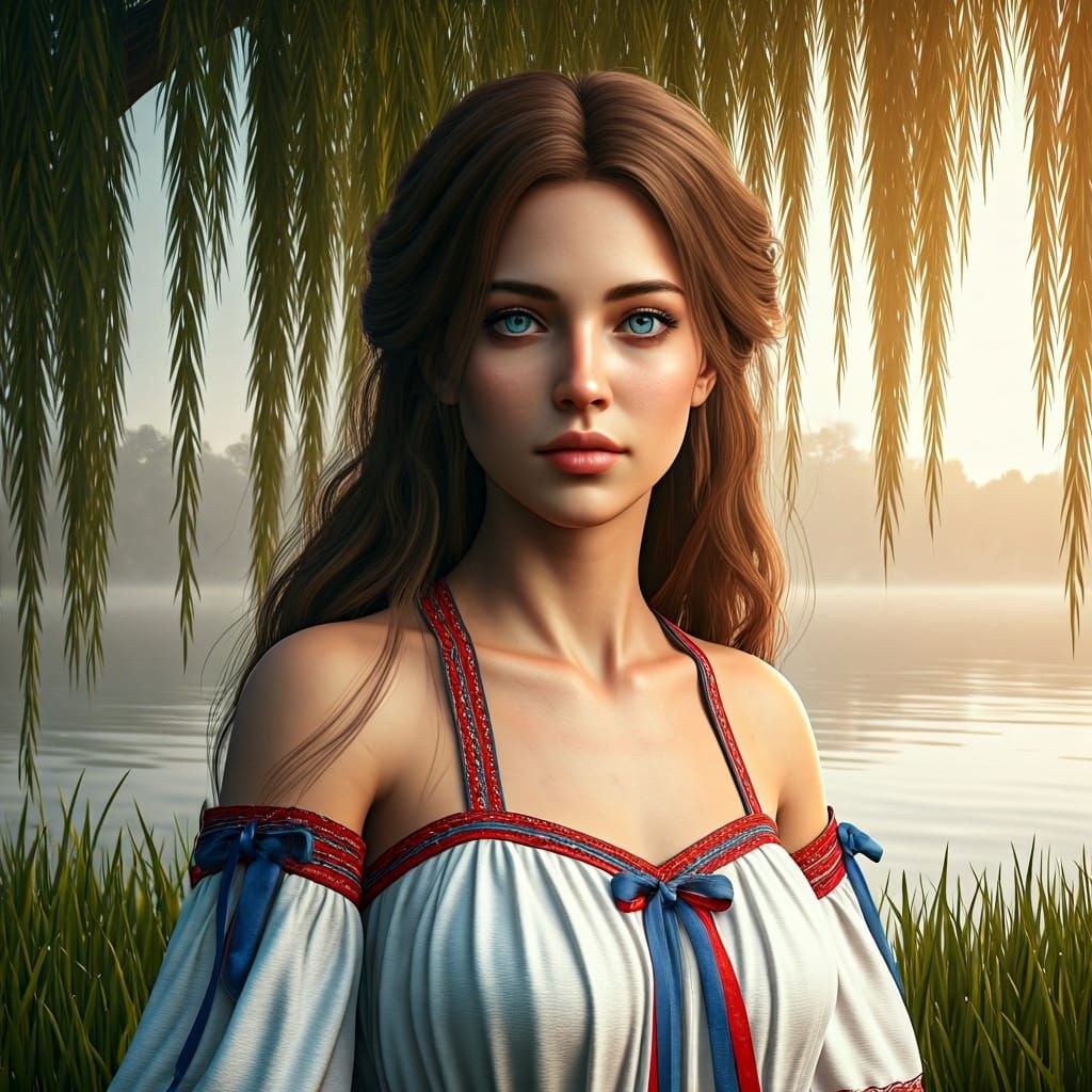Woman in White Gown by Lake: 3D Rendered Art