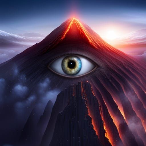 Giant Eye Weeping into Volcano: Dramatic Digital Painting