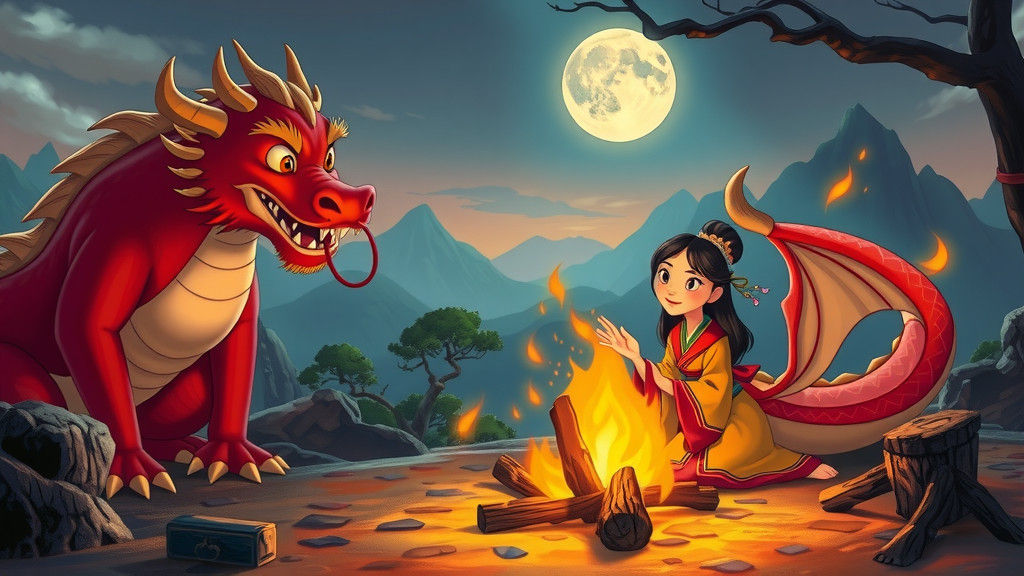 Mulan and Mushu at Bonfire in Disney Animation Style