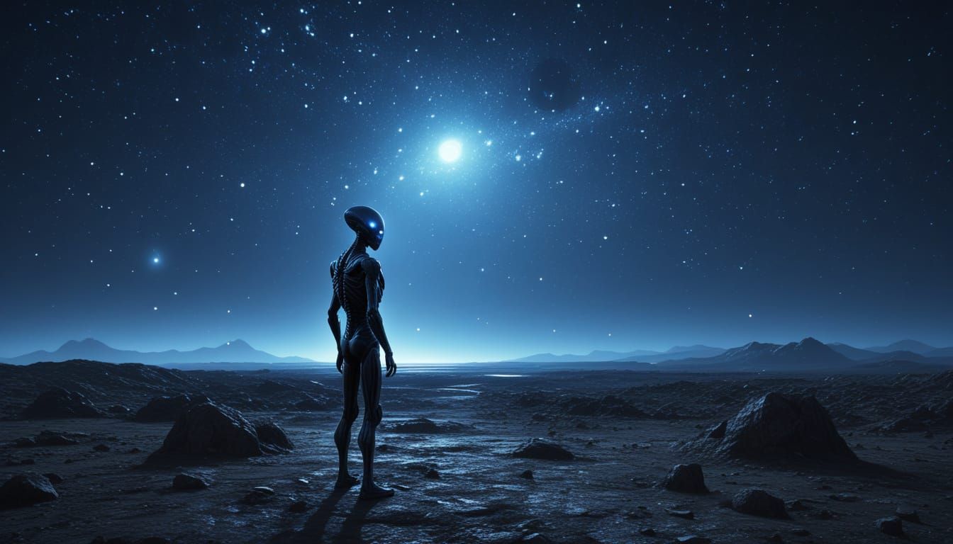 Grey Alien in Barren Landscape - Surreal Sci-Fi Art