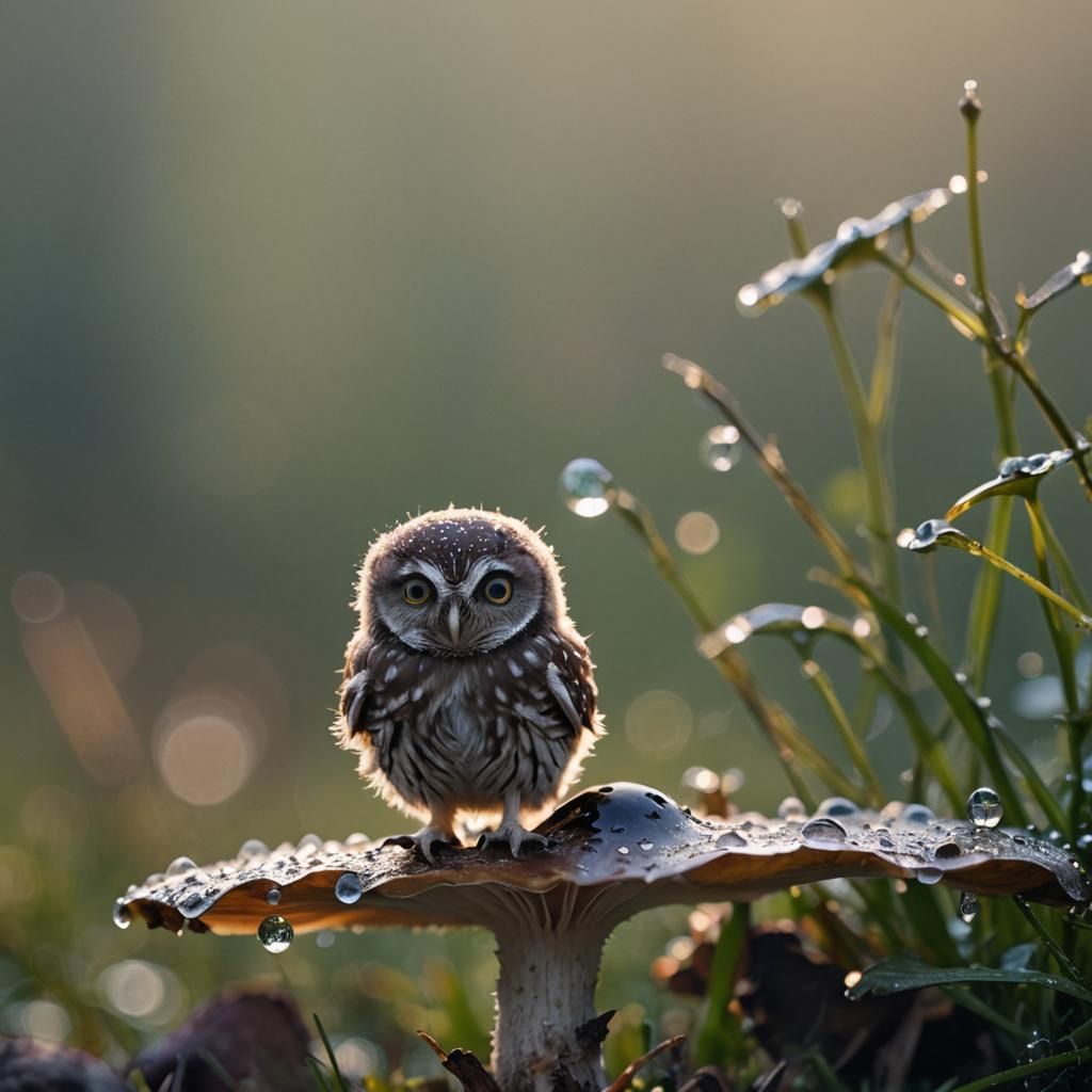 Tiny Owl on Mushroom: Macro Photography