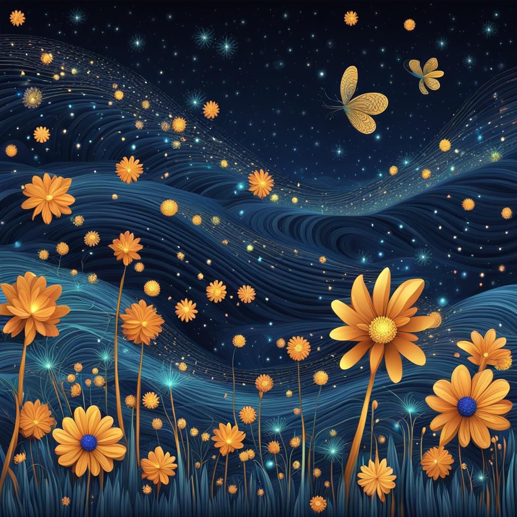 Firefly Flowers at Night in Abstract Vector Style