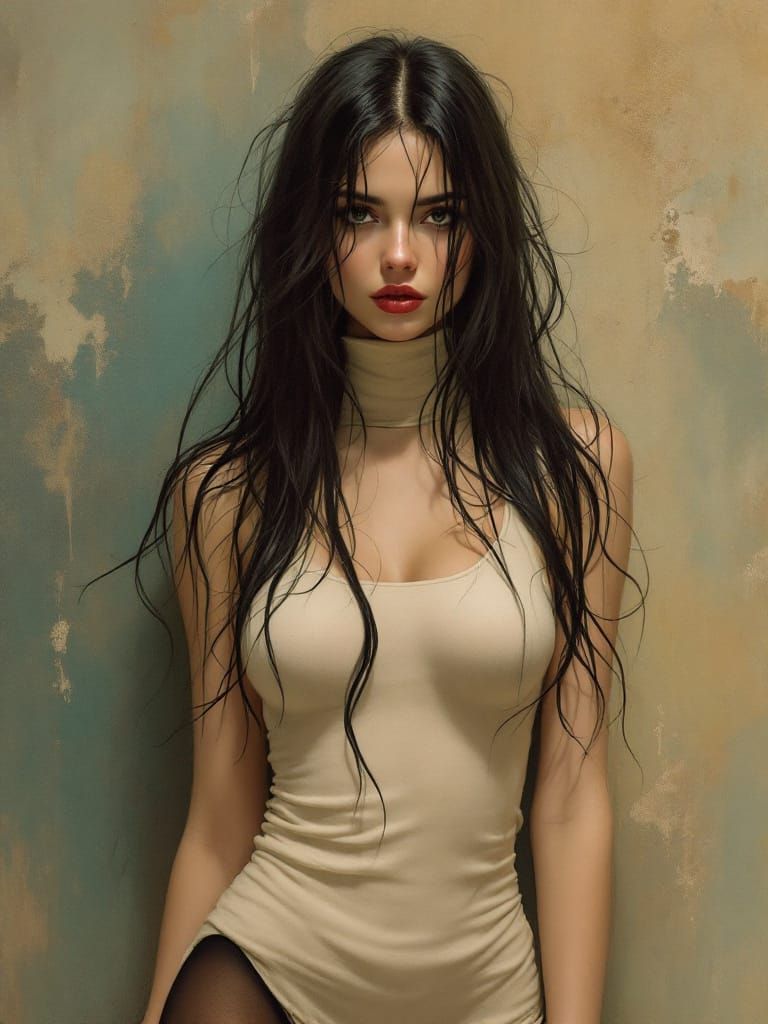 Pin-Up Woman in Ivory Dress, Tonalism Style