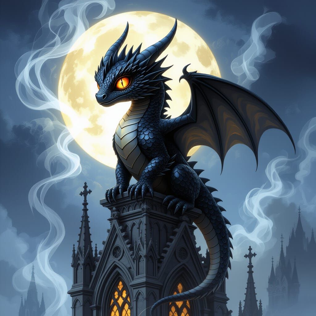 Obsidian Dragon on Gothic Spire in Dark Fantasy Style