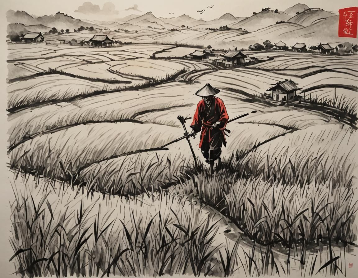 Farmer in Rice Field: Chinese Ink Art