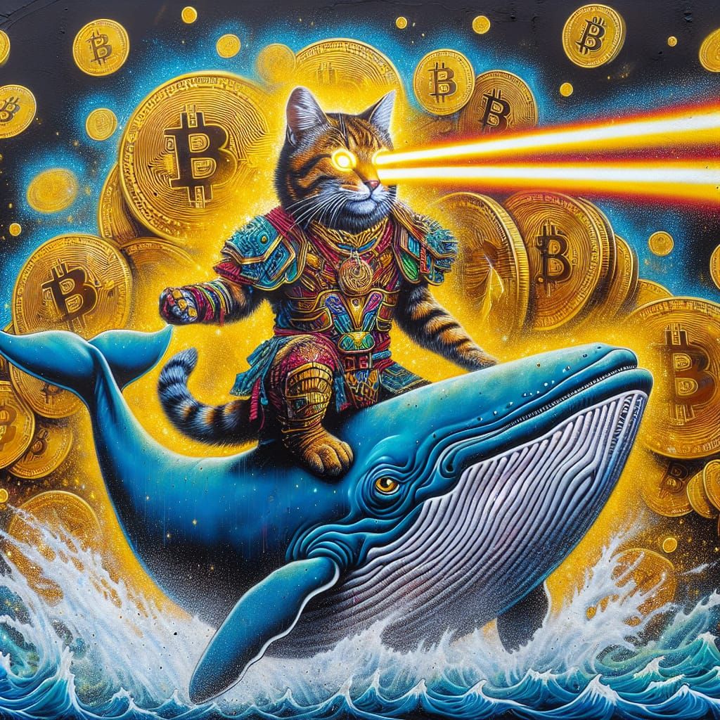 Warrior Cat Rides Whale in Street Art Style